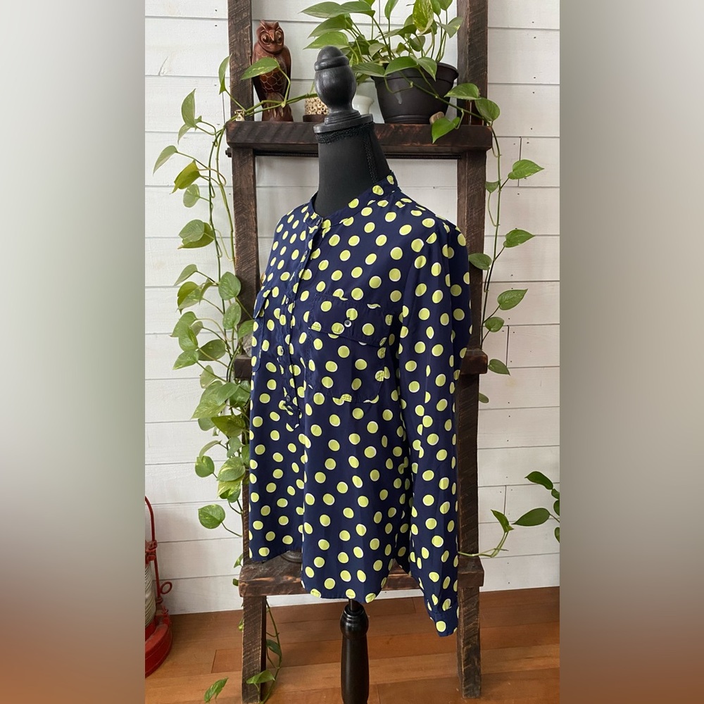 Gap: Blue Button Down Shirt with Green and White Polka Dots - Picture 12 of 17